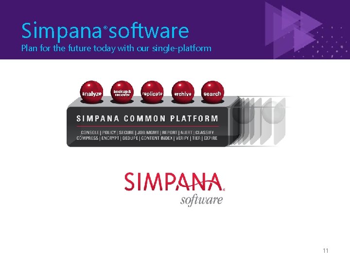 Simpana software ® Plan for the future today with our single-platform 11 