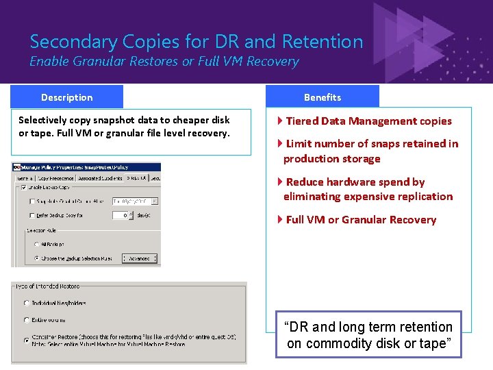 Secondary Copies for DR and Retention Enable Granular Restores or Full VM Recovery Description