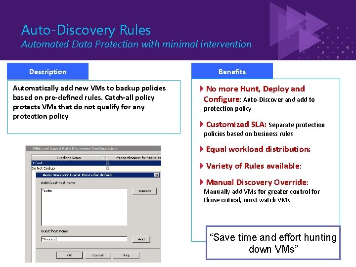 Auto-Discovery Rules Automated Data Protection with minimal intervention Description Automatically add new VMs to