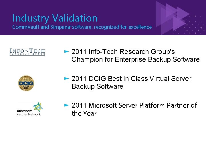 Industry Validation Comm. Vault and Simpana software, recognized for excellence ® ► 2011 Info-Tech