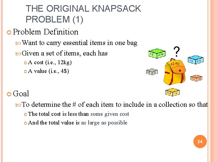 THE ORIGINAL KNAPSACK PROBLEM (1) Problem Definition Want to carry essential items in one