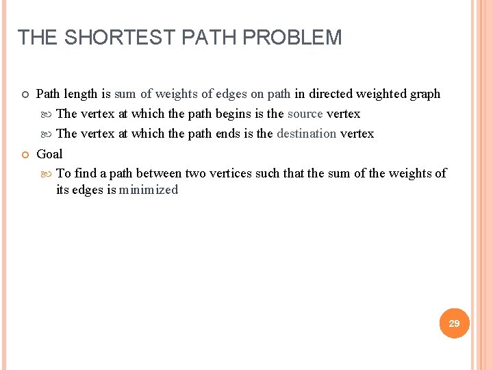 THE SHORTEST PATH PROBLEM Path length is sum of weights of edges on path