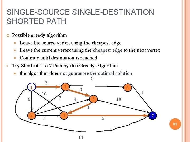 SINGLE-SOURCE SINGLE-DESTINATION SHORTED PATH § Possible greedy algorithm § Leave the source vertex using