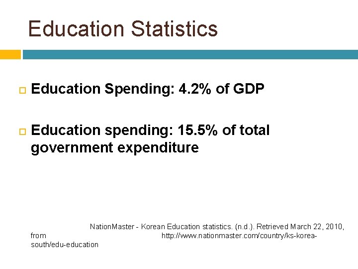 Education Statistics Education Spending: 4. 2% of GDP Education spending: 15. 5% of total