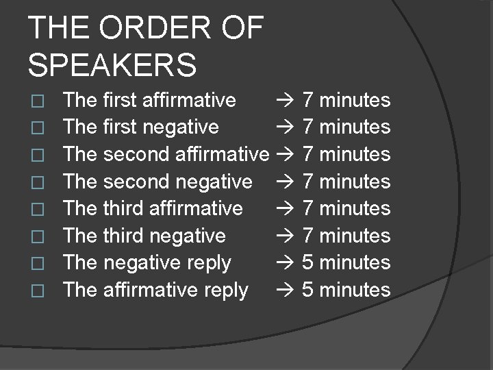 THE ORDER OF SPEAKERS � � � � The first affirmative 7 minutes The