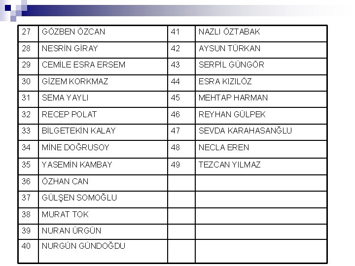 27 GÖZBEN ÖZCAN 41 NAZLI ÖZTABAK 28 NESRİN GİRAY 42 AYSUN TÜRKAN 29 CEMİLE