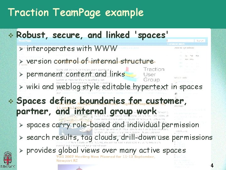 Traction Team. Page example v v Robust, secure, and linked 'spaces' Ø interoperates with