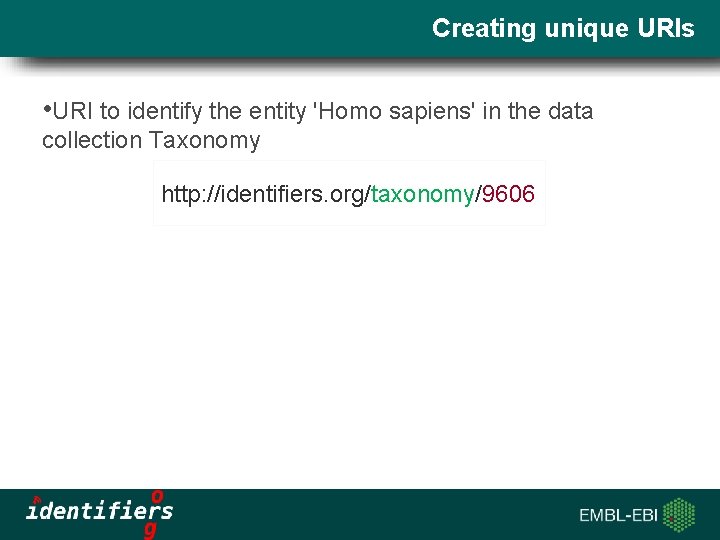 Creating unique URIs • URI to identify the entity 'Homo sapiens' in the data