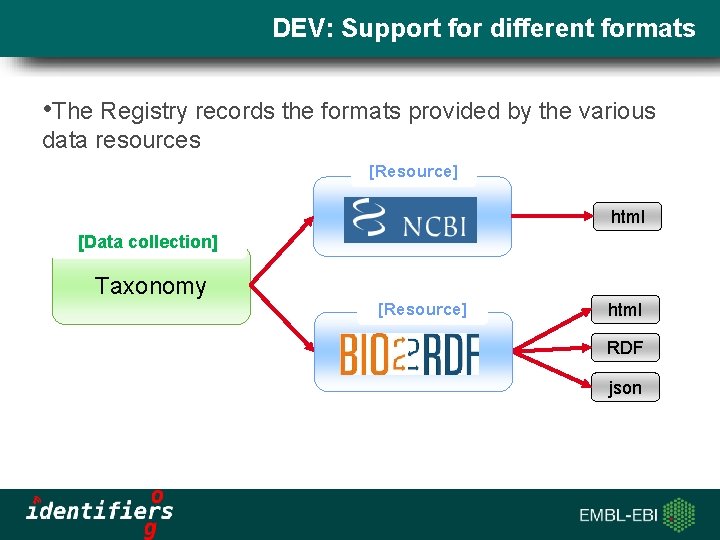 DEV: Support for different formats • The Registry records the formats provided by the