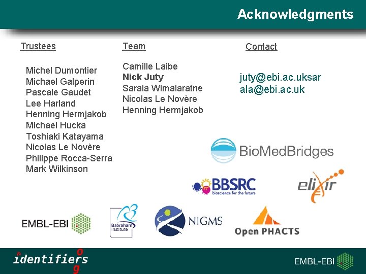 Acknowledgments Trustees Michel Dumontier Michael Galperin Pascale Gaudet Lee Harland Henning Hermjakob Michael Hucka