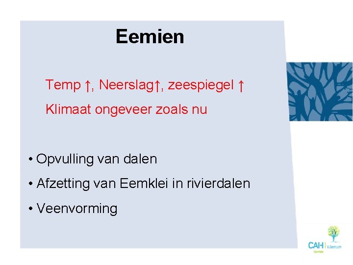 Eemien Temp ↑, Neerslag↑, zeespiegel ↑ Klimaat ongeveer zoals nu • Opvulling van dalen