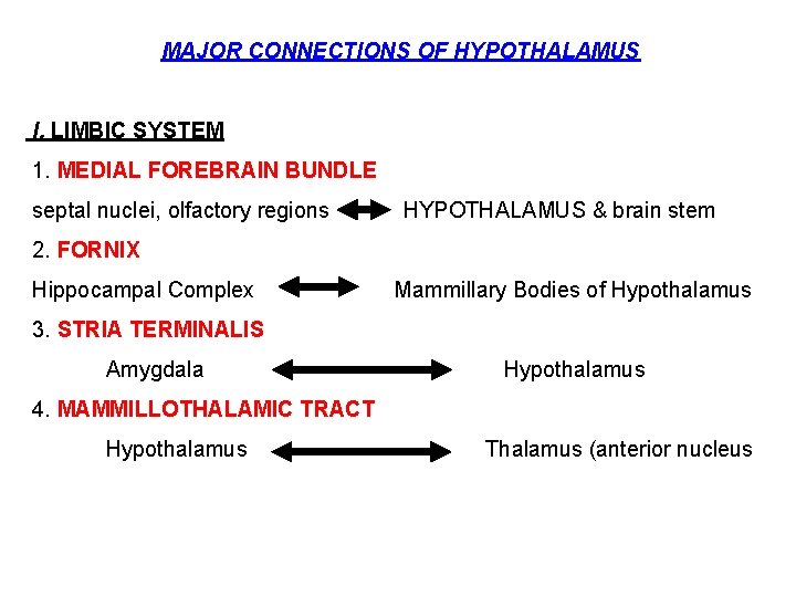 MAJOR CONNECTIONS OF HYPOTHALAMUS I. LIMBIC SYSTEM 1. MEDIAL FOREBRAIN BUNDLE septal nuclei, olfactory