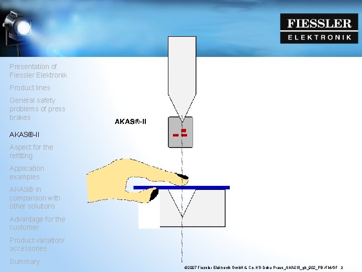 Presentation of Fiessler Elektronik Product lines General safety problems of press brakes AKAS®-II Aspect