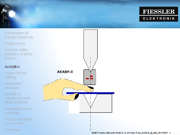 Presentation of Fiessler Elektronik Product lines General safety problems of press brakes AKAS®-II Aspect