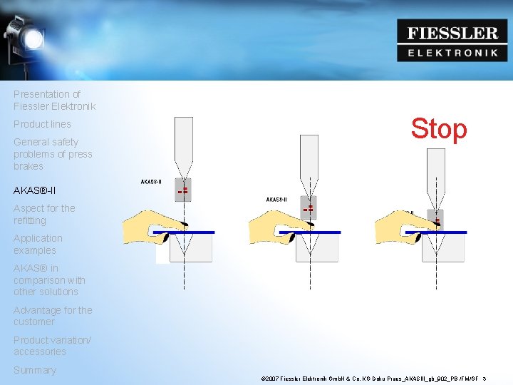 Presentation of Fiessler Elektronik Product lines General safety problems of press brakes Stop AKAS®-II