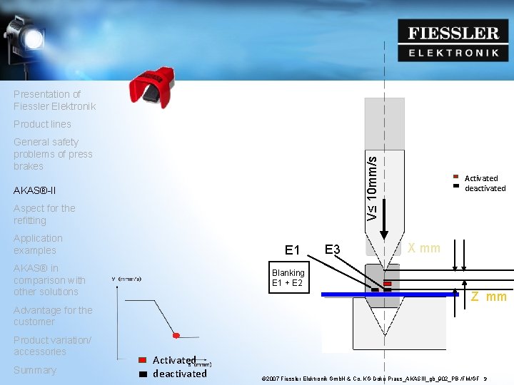 Presentation of Fiessler Elektronik Product lines V≤ 10 mm/s General safety problems of press