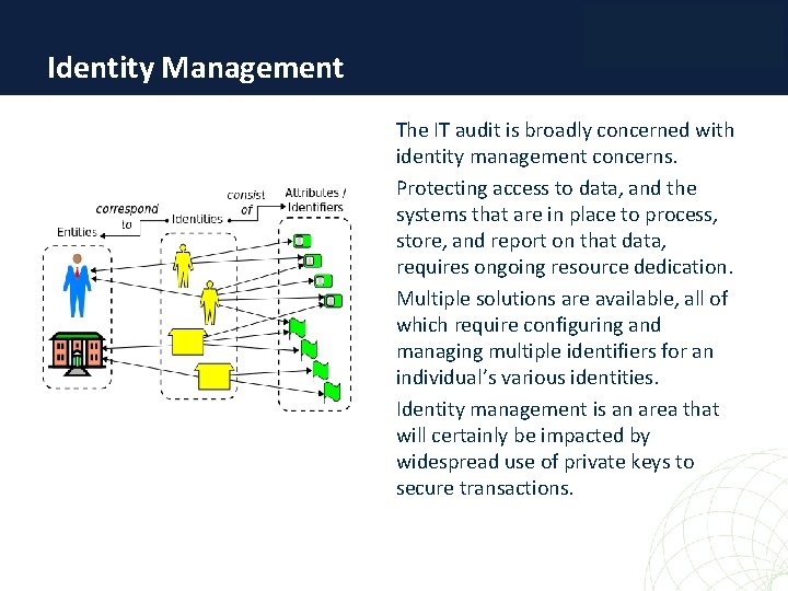 Identity Management The IT audit is broadly concerned with identity management concerns. Protecting access