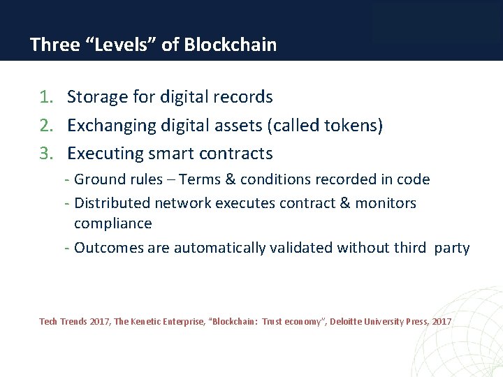 Three “Levels” of Blockchain 1. Storage for digital records 2. Exchanging digital assets (called