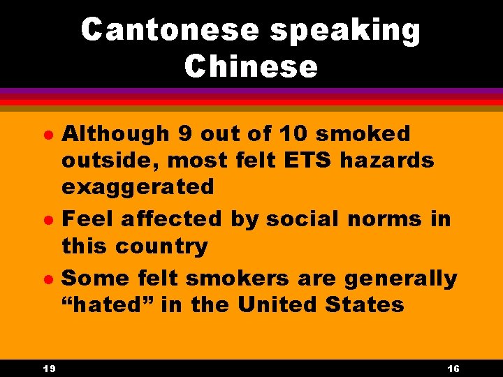 Cantonese speaking Chinese l l l 19 Although 9 out of 10 smoked outside,