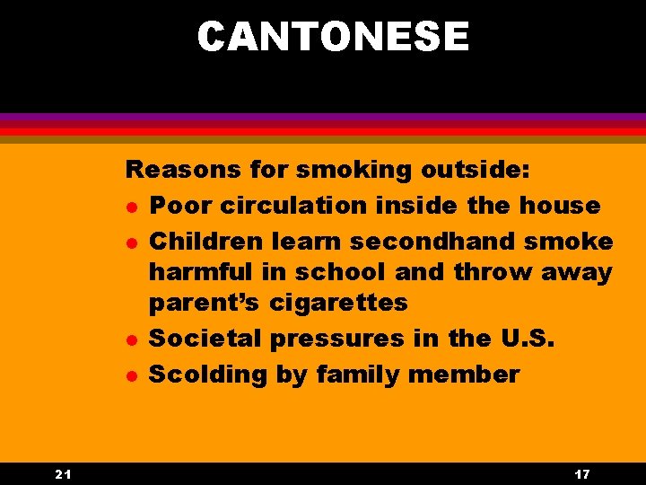 CANTONESE Reasons for smoking outside: l Poor circulation inside the house l Children learn