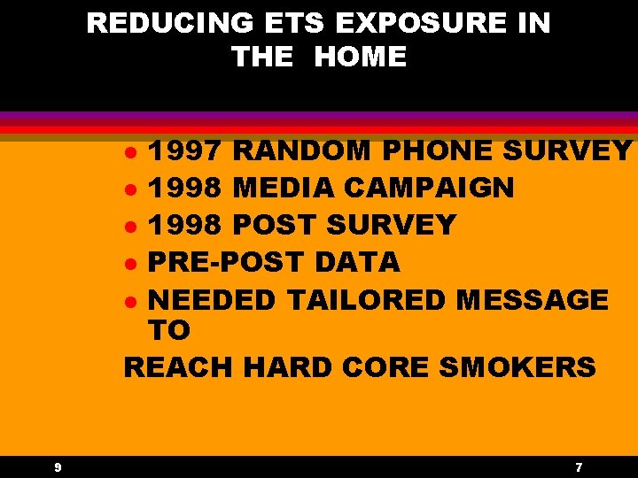 REDUCING ETS EXPOSURE IN THE HOME 1997 RANDOM PHONE SURVEY l 1998 MEDIA CAMPAIGN