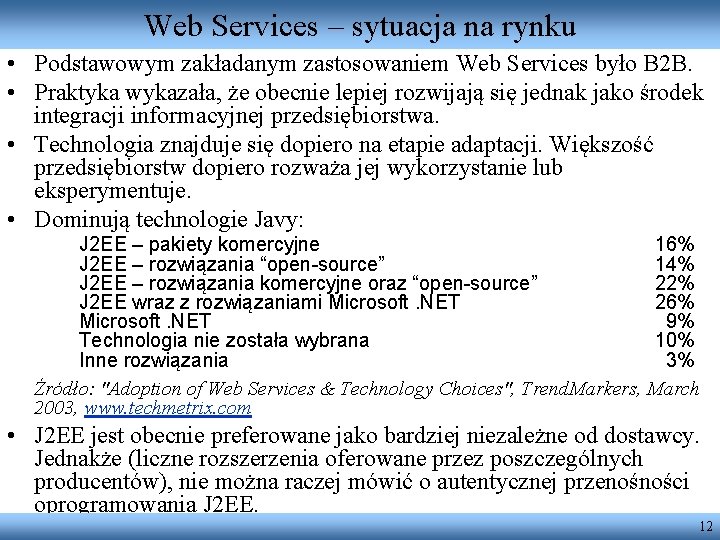 Web Services – sytuacja na rynku • Podstawowym zakładanym zastosowaniem Web Services było B