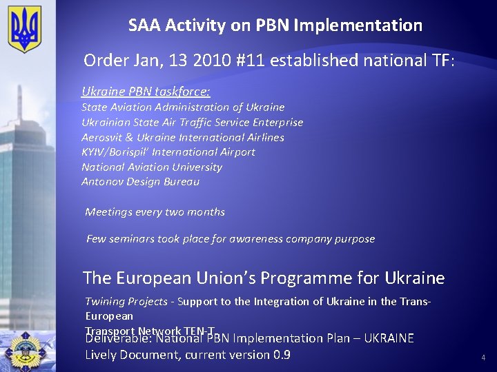 SAA Activity on PBN Implementation Order Jan, 13 2010 #11 established national TF: Ukraine