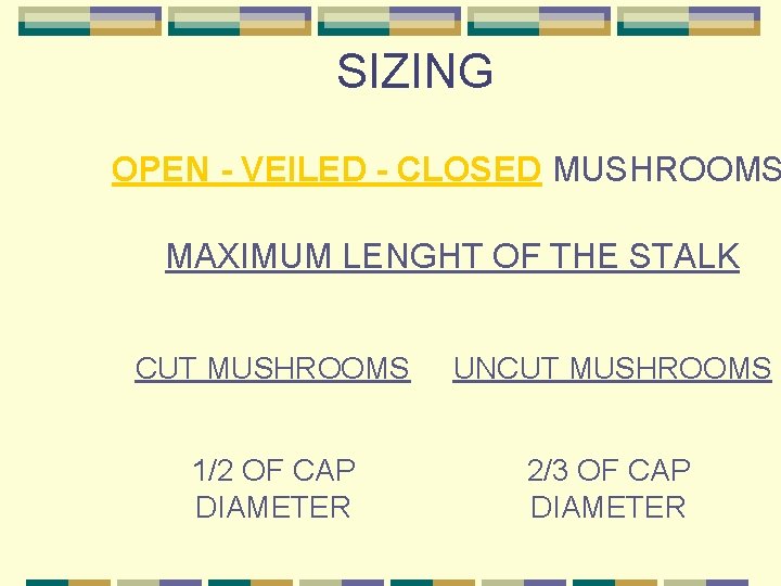 SIZING OPEN - VEILED - CLOSED MUSHROOMS MAXIMUM LENGHT OF THE STALK CUT MUSHROOMS
