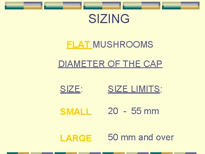 SIZING FLAT MUSHROOMS DIAMETER OF THE CAP SIZE: SIZE LIMITS: SMALL 20 - 55