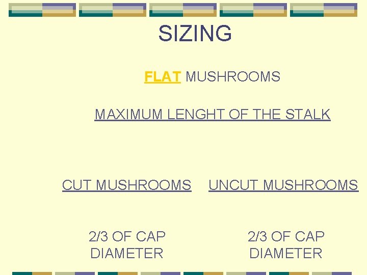 SIZING FLAT MUSHROOMS MAXIMUM LENGHT OF THE STALK CUT MUSHROOMS UNCUT MUSHROOMS 2/3 OF