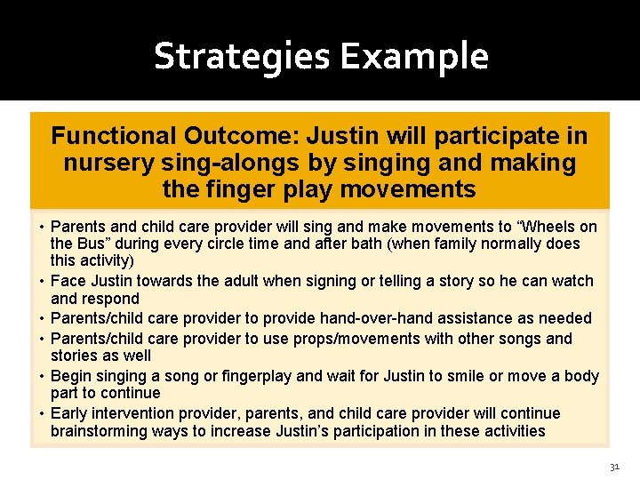 Strategies Example Functional Outcome: Justin will participate in nursery sing-alongs by singing and making