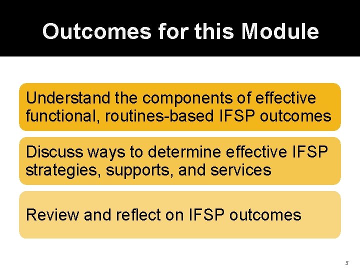 Outcomes for this Module Understand the components of effective functional, routines-based IFSP outcomes Discuss