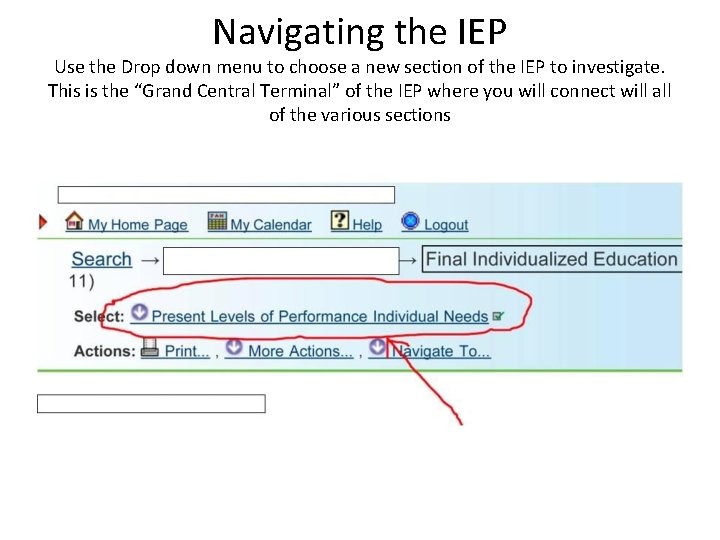 Navigating the IEP Use the Drop down menu to choose a new section of