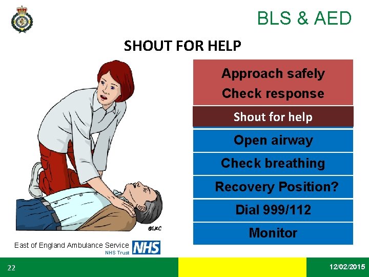 BLS & AED SHOUT FOR HELP Approach safely Check response Shout for help Open