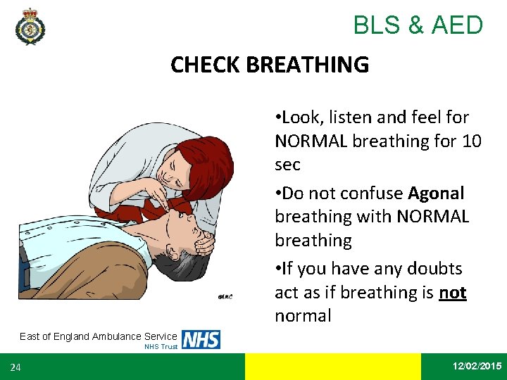 BLS & AED CHECK BREATHING • Look, listen and feel for NORMAL breathing for