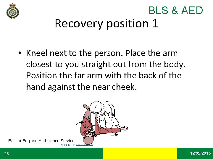 BLS & AED Recovery position 1 • Kneel next to the person. Place the