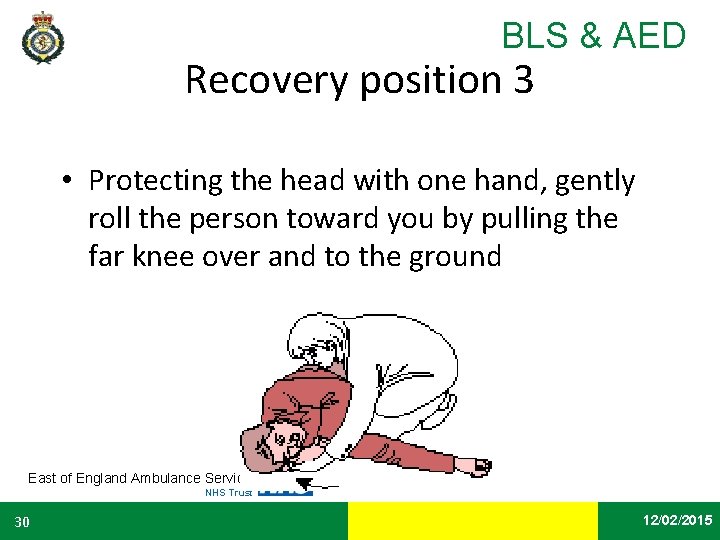 BLS & AED Recovery position 3 • Protecting the head with one hand, gently