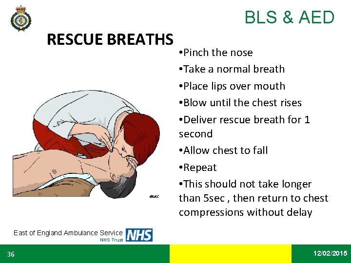 BLS & AED RESCUE BREATHS • Pinch the nose • Take a normal breath