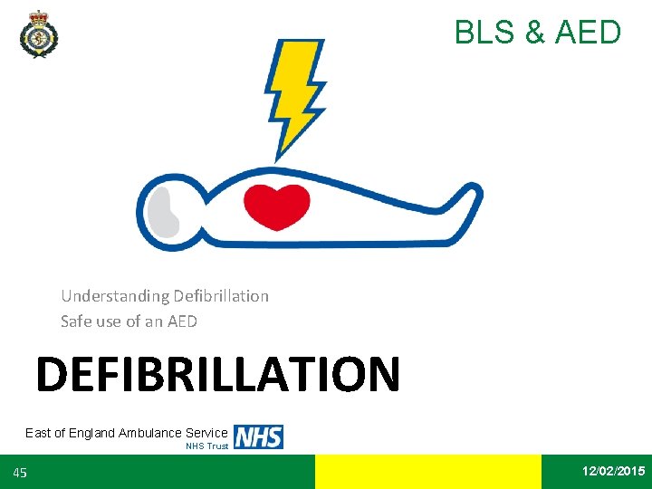 BLS & AED Understanding Defibrillation Safe use of an AED DEFIBRILLATION East of England