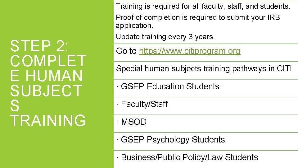 Training is required for all faculty, staff, and students. STEP 2: COMPLET E HUMAN