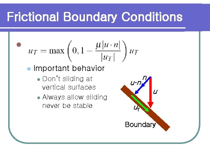 Frictional Boundary Conditions l l Important behavior Don’t sliding at vertical surfaces l Always
