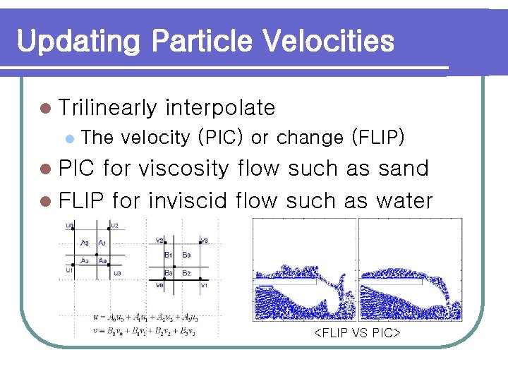 Updating Particle Velocities l Trilinearly l interpolate The velocity (PIC) or change (FLIP) l