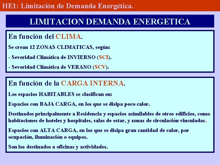HE 1: Limitación de Demanda Energética. LIMITACION DEMANDA ENERGETICA En función del CLIMA. Se