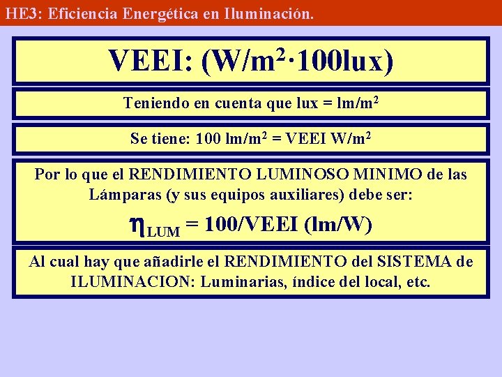 HE 3: Eficiencia Energética en Iluminación. VEEI: 2 (W/m · 100 lux) Teniendo en