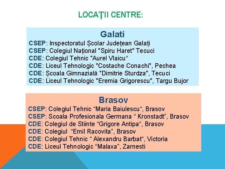 LOCAŢII CENTRE: Galati CSEP: Inspectoratul Școlar Județean Galați CSEP: Colegiul Național "Spiru Haret" Tecuci LOCAŢII CENTRE: Galati CSEP: Inspectoratul Școlar Județean Galați CSEP: Colegiul Național "Spiru Haret" Tecuci