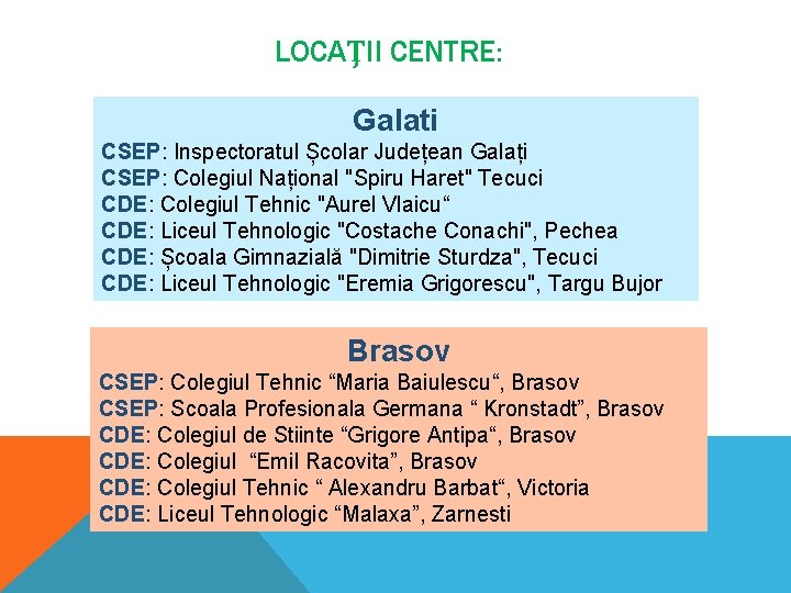 LOCAŢII CENTRE: Galati CSEP: Inspectoratul Școlar Județean Galați CSEP: Colegiul Național "Spiru Haret" Tecuci