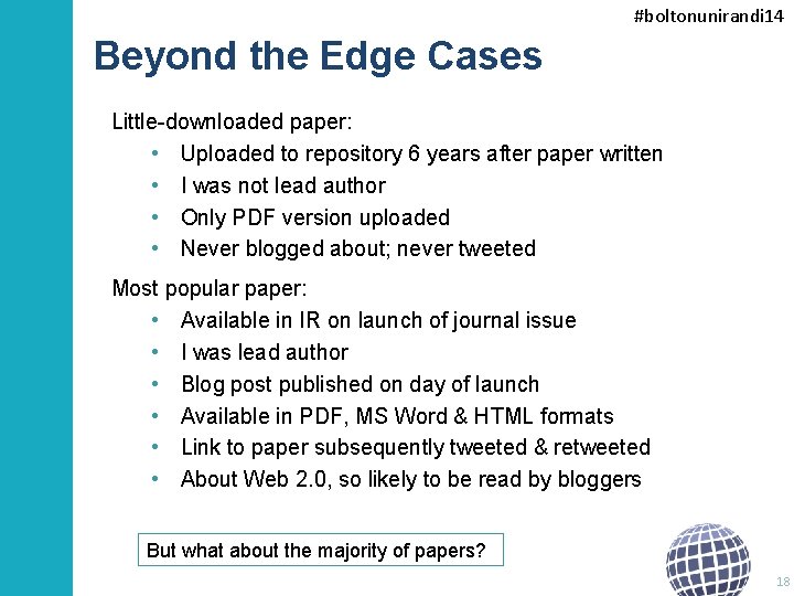 #boltonunirandi 14 Beyond the Edge Cases Little-downloaded paper: • Uploaded to repository 6 years