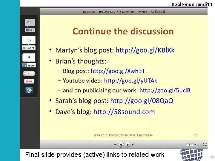 #boltonunirandi 14 Final slide provides (active) links to related work 25 
