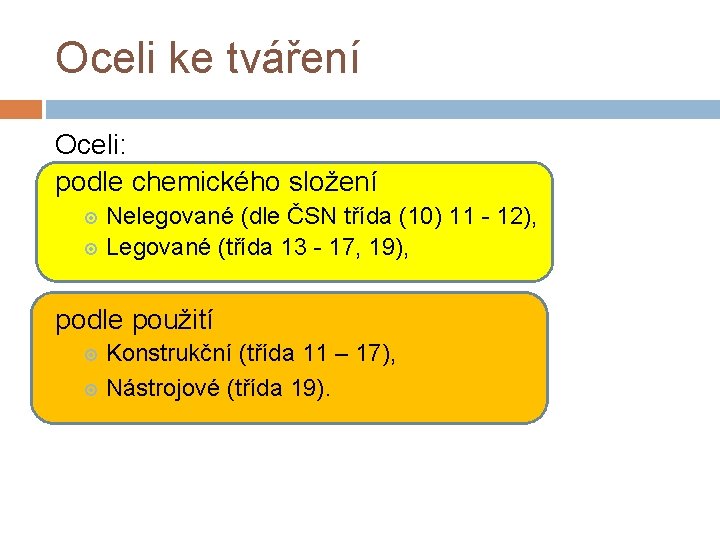 Oceli ke tváření Oceli: podle chemického složení Nelegované (dle ČSN třída (10) 11 -