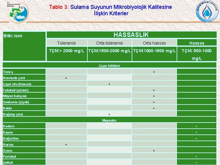 Tablo 3: Sulama Suyunun Mikrobiyolojik Kalitesine İlişkin Kriterler HASSASLIK Bitki ismi Toleranslı Orta toleranslı